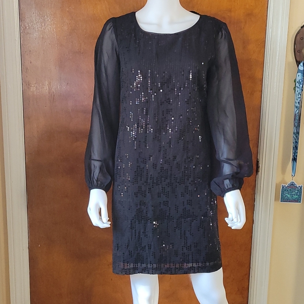 Petite Black Sequin Dress with Long Sleeve